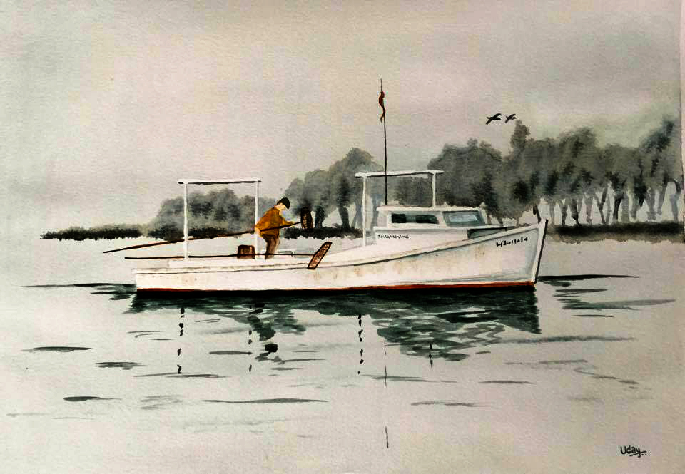 Lone Worker on a Boat - Watercolor art