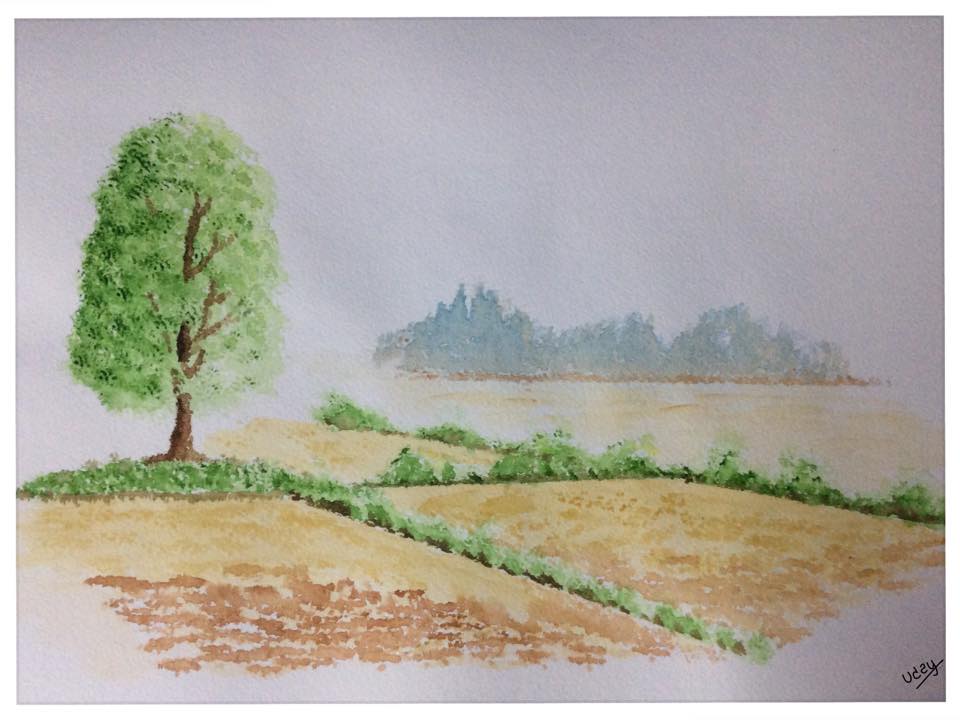 Landscape using quick and simple brush strokes - Watercolor art